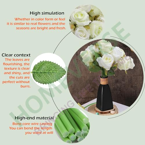 HOMEVERSE 6pcs White+6pcs Green |Artificial Rose Fake Silk Plants Wedding Valentines Birthday Anniversary Christmas Mothers Day (White Green-12pcs) - Image 5