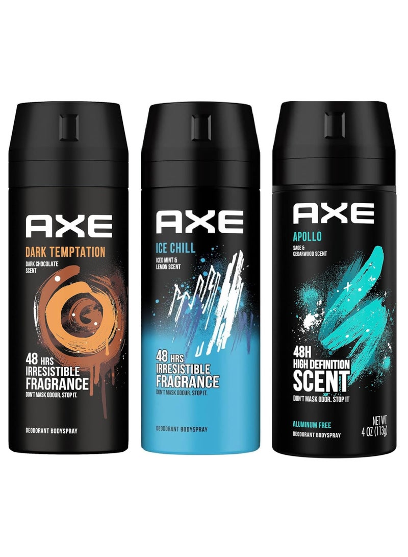 أكس مجموعة مزيل العرق سبراي للجسم مكونة من ثلاث روائح (شوكولاتة داكنة + آيس تشيل + أبولو) - 3 × 150 مل