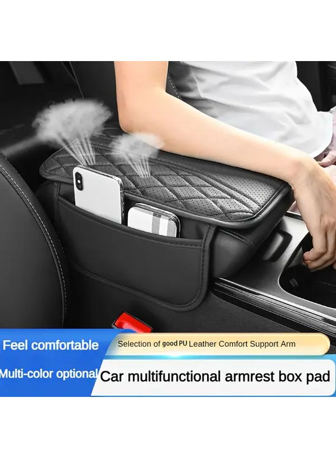 Gray Premium PU Leather Car Armrest Cushion with Ventilation Holes Side Pockets Ergonomic Elbow Support Pad - Image 4