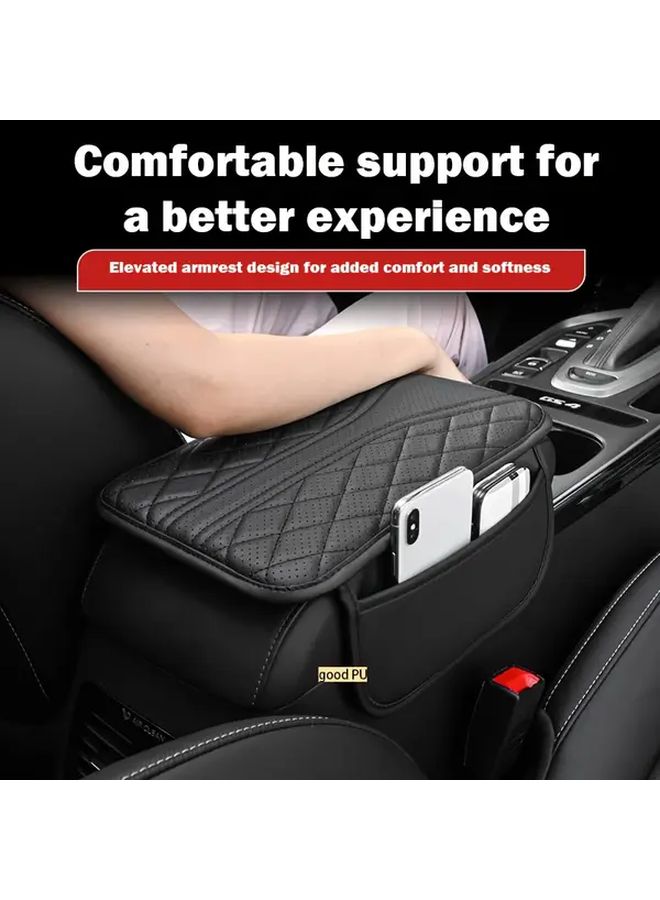 Gray Premium PU Leather Car Armrest Cushion with Ventilation Holes Side Pockets Ergonomic Elbow Support Pad - Image 1