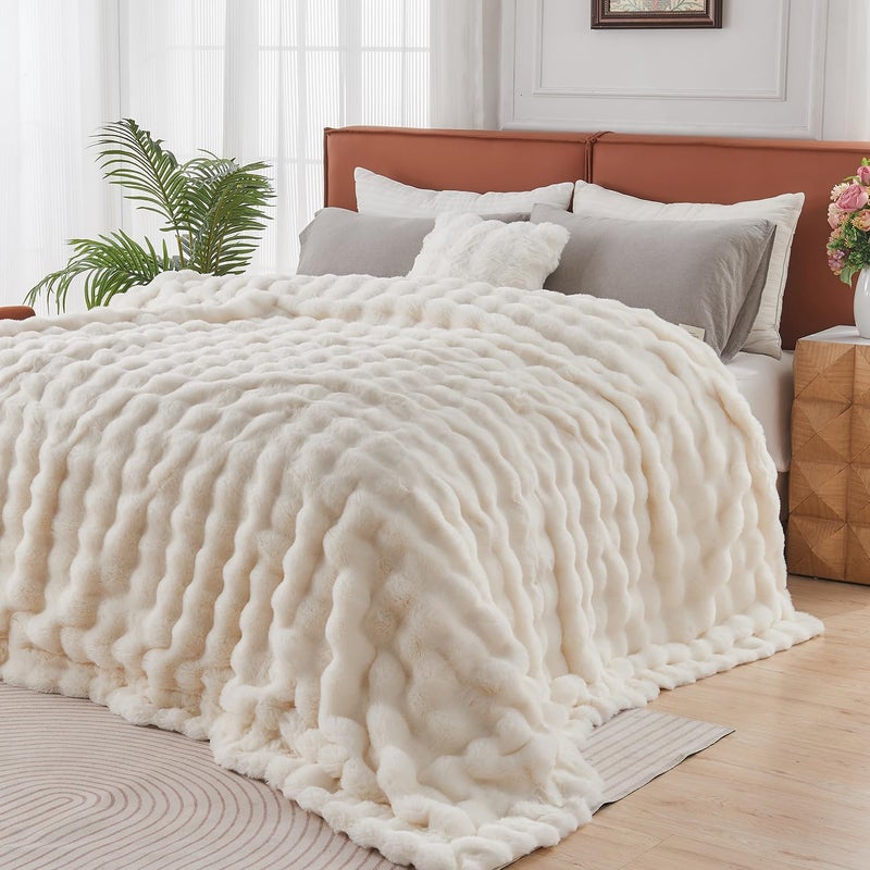 Lotus Karen Lotus Karen Queen Size Faux Fur Blanket Cream White - Big Bubble Rabbit Fluff Blanket for Bed  Large Fluffy Fuzzy Cozy Blanket  Thick Furry Plush Shaggy Blankets  90x90 Inches  - Image 1