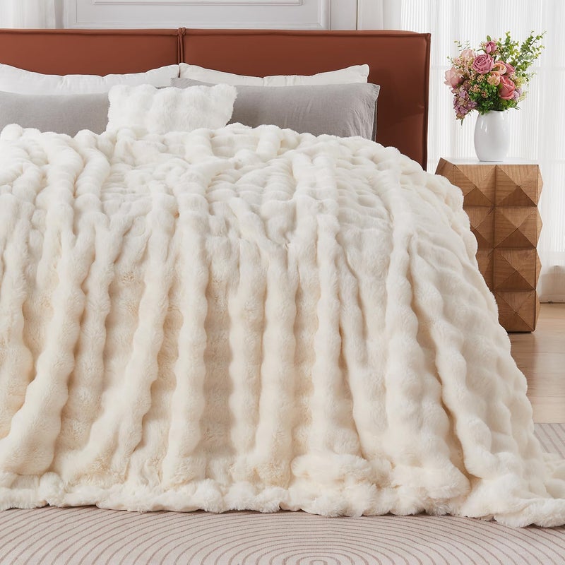 Lotus Karen Lotus Karen Queen Size Faux Fur Blanket Cream White - Big Bubble Rabbit Fluff Blanket for Bed  Large Fluffy Fuzzy Cozy Blanket  Thick Furry Plush Shaggy Blankets  90x90 Inches  - Image 2