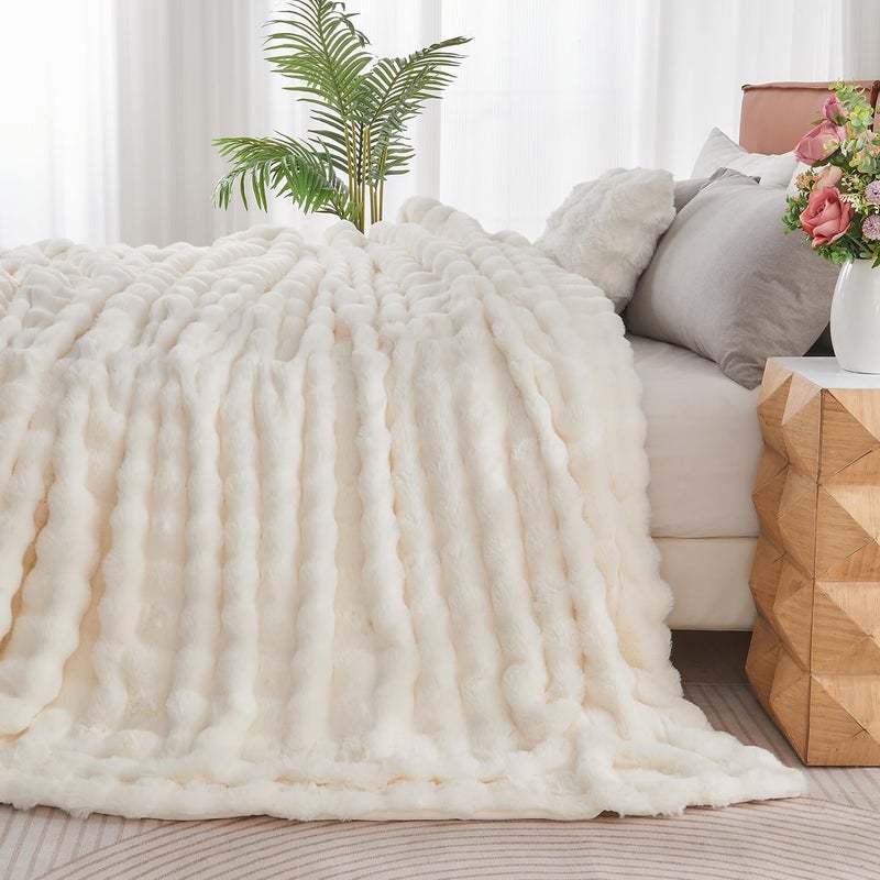 Lotus Karen Lotus Karen Queen Size Faux Fur Blanket Cream White - Big Bubble Rabbit Fluff Blanket for Bed  Large Fluffy Fuzzy Cozy Blanket  Thick Furry Plush Shaggy Blankets  90x90 Inches  - Image 3