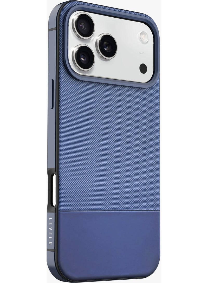 LEVELO iPhone 17 Pro MagSafe Case Cuir With Comfortable Grip & Premium PU Leather / Shock-Resistant Bumper / Aluminum Alloy Frame for Camera & Buttons / Strong Magnets - Midnight Blue - Image 5