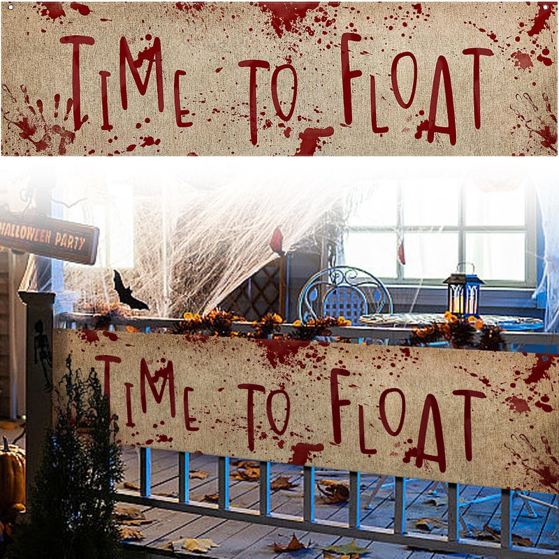 Watayo 71 x 20 Halloween Bloody Banner Yard Sign Burlap Horror Time To Float Banner Scary Halloween Banner Backdrop Decoration for Haunted House Yard Outdoor Fence Garden Parties Decor - Image 2