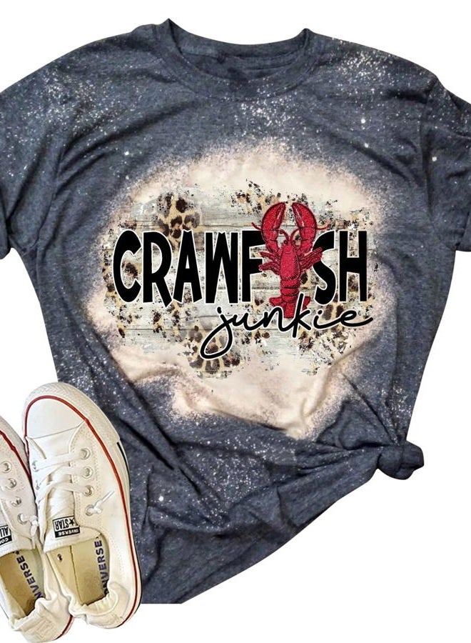 Feed Me Crawfish and Tell me I'm Pretty Shirts Funny Bleached T Shirts for Women Summer Vintage Graphic Tees Blouse Tops, Junkie-grey, XXL