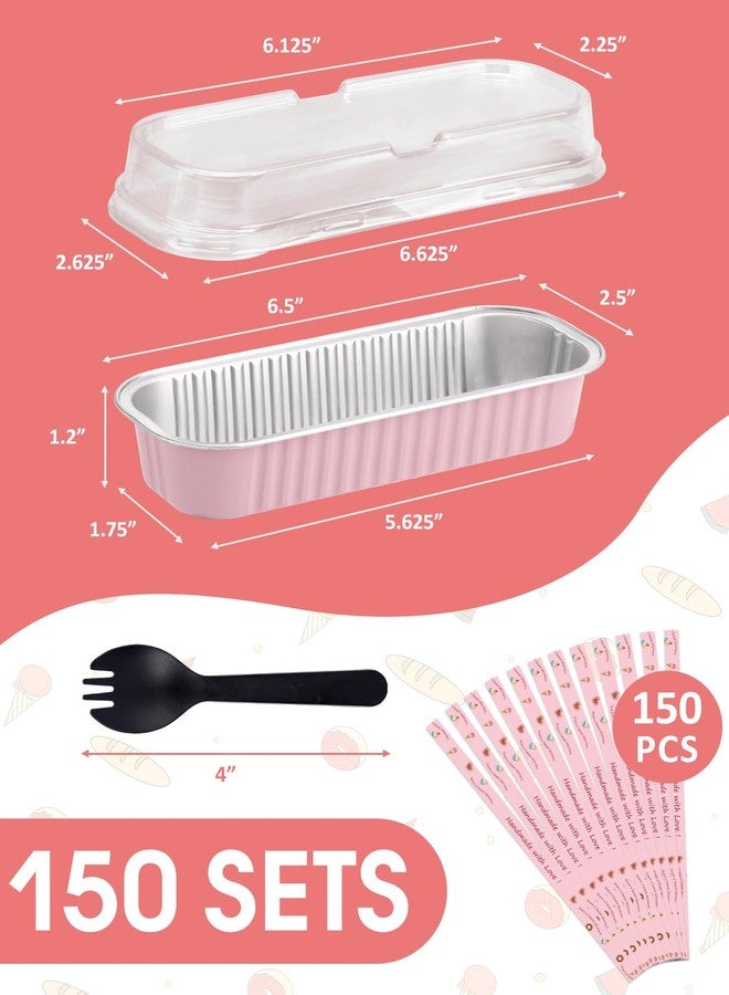 NEEBAKE 150 Pack 6.8 oz Disposable Mini Loaf Pans with Lids and Spoons - 6.5x2.5x1.2 Pink Aluminum Loaf Pans, Small Aluminum Tin Foil Baking Pan, Food Containers for Baking, Cakes, Bread, Loaves - Image 2