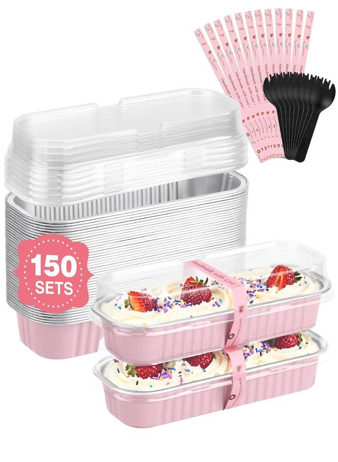 NEEBAKE 150 Pack 6.8 oz Disposable Mini Loaf Pans with Lids and Spoons - 6.5x2.5x1.2 Pink Aluminum Loaf Pans, Small Aluminum Tin Foil Baking Pan, Food Containers for Baking, Cakes, Bread, Loaves - Image 1