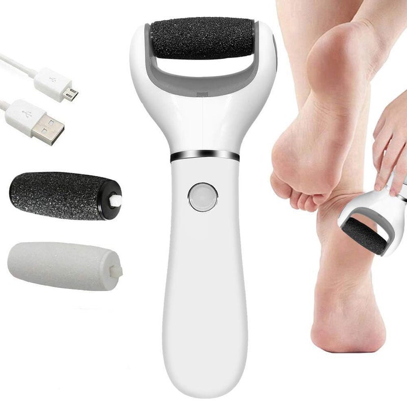 BOMPOW Electric Foot Scrubber Foot File Hard Skin Remover Pedicure Tools Electronic Callus kit for Cracked Heels and Dead Skin with 2 Roller Heads White