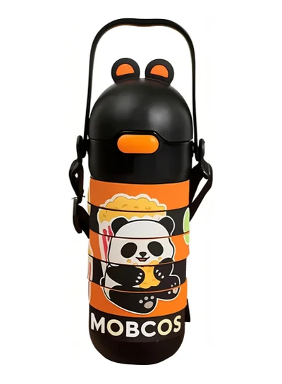 Mobcos Stainless Steel Kids Puzzle Swirl Water Bottle with Straw &amp; Strap Double Wall Vacuum Insulated Educational, Fun and Learning Water Bottle for Kids, Girls and Boys Leak Proof 430ml (Black)
