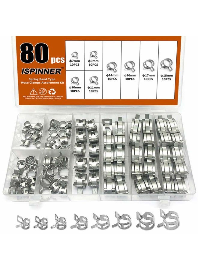 ISPINNER 80pcs Spring Band Type Fuel/Silicone Vacuum Hose Pipe Clamp, 7mm-18mm Low Pressure Air Clip Clamp 7mm 9mm 10mm 11mm 14mm 16mm 17mm 18mm (Silver) - Image 1