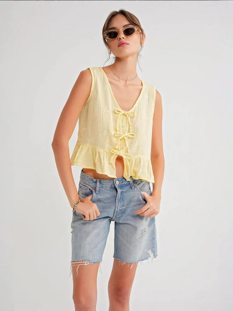 MixRay Mixray Textured V-Neck Crop Blouse with Bow