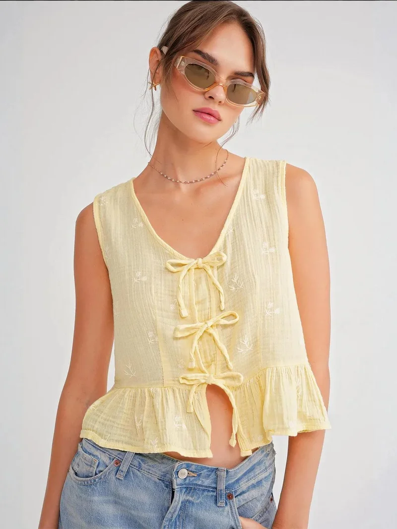MixRay Mixray Textured V-Neck Crop Blouse with Bow