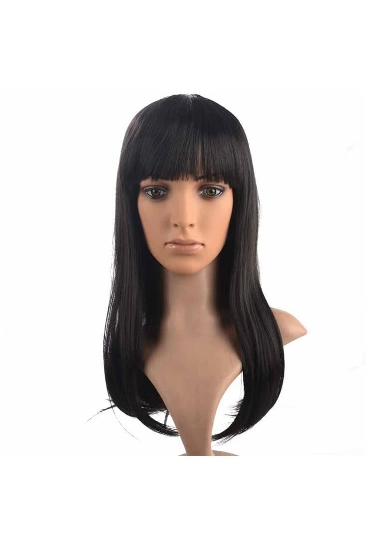 إستيل شعر مستعار طويل مموج مع الانفجارات، شعر مستعار صناعي عالي المقاومة للحرارة، شعر مستعار مجعد ومموج للنساء والفتيات، شعر مجعد ذو مظهر طبيعي وجميل (متوسط، أسود) - Image 1