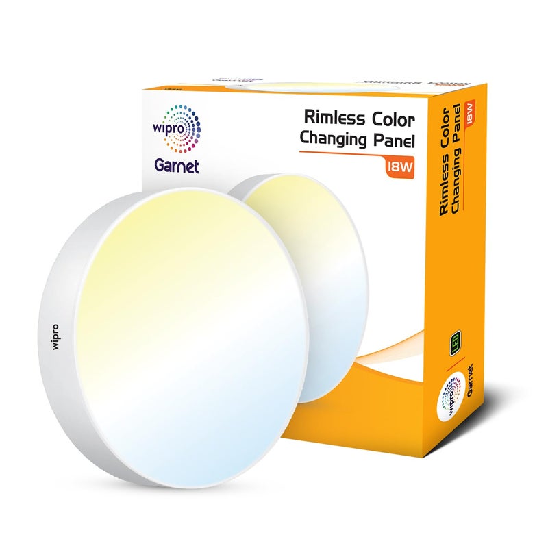 Wipro Garnet 18W Rimless Round CCT Surface Panel Colour Changing Panel Warm White Neutral White Cool White Elegant Rimless Design Surface Mounted LED Downlighter for Ceiling Pack of 1 - Image 1