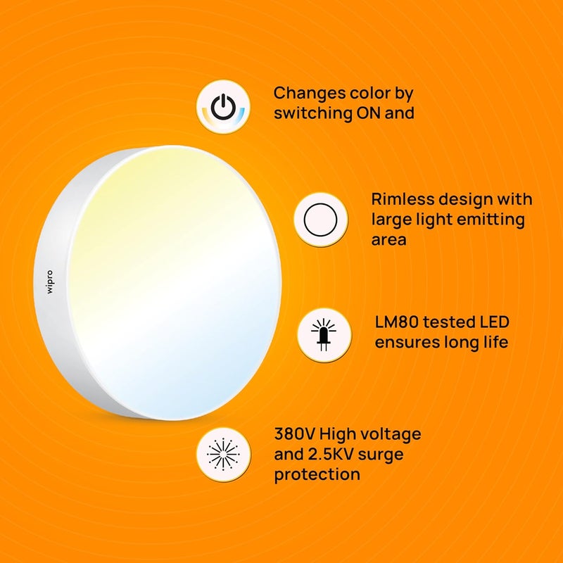 Wipro Garnet 18W Rimless Round CCT Surface Panel Colour Changing Panel Warm White Neutral White Cool White Elegant Rimless Design Surface Mounted LED Downlighter for Ceiling Pack of 1 - Image 3