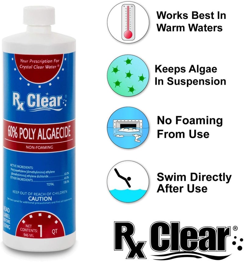 Rx Clear Algaecide 60 Plus | Non-Foaming Formula for Above Or In-Ground Swimming Pools | 60 Percent Poly-Algaecide | Keeping Algae in Suspension | One Quart Bottles | 1 Pack - Image 1
