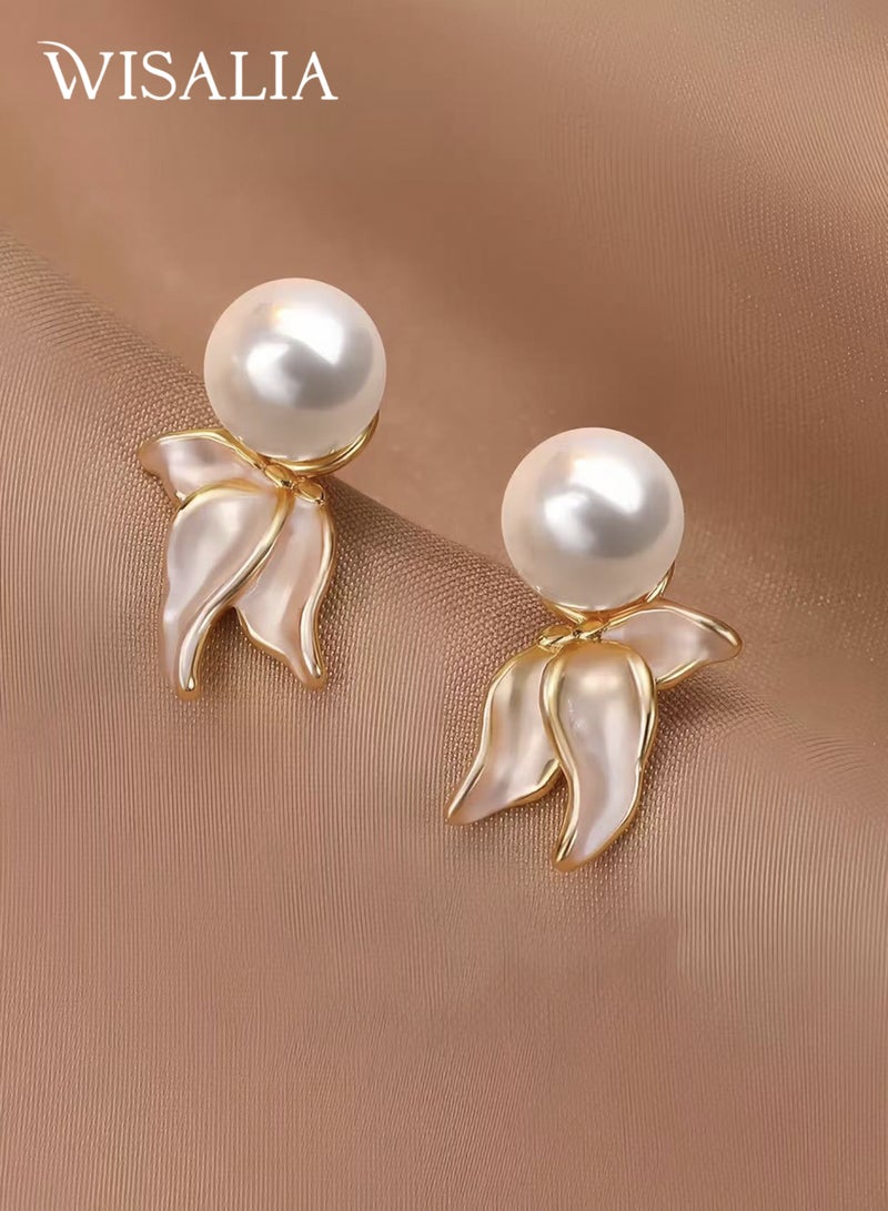 Wisalia 14K Gold Plated Fish Tail Pearl Earrings for Women, 925 Sterling Silver Hypoallergenic Earrings, Dainty Elegant Pearl Stud Earrings for Sensitive Ears - Image 1