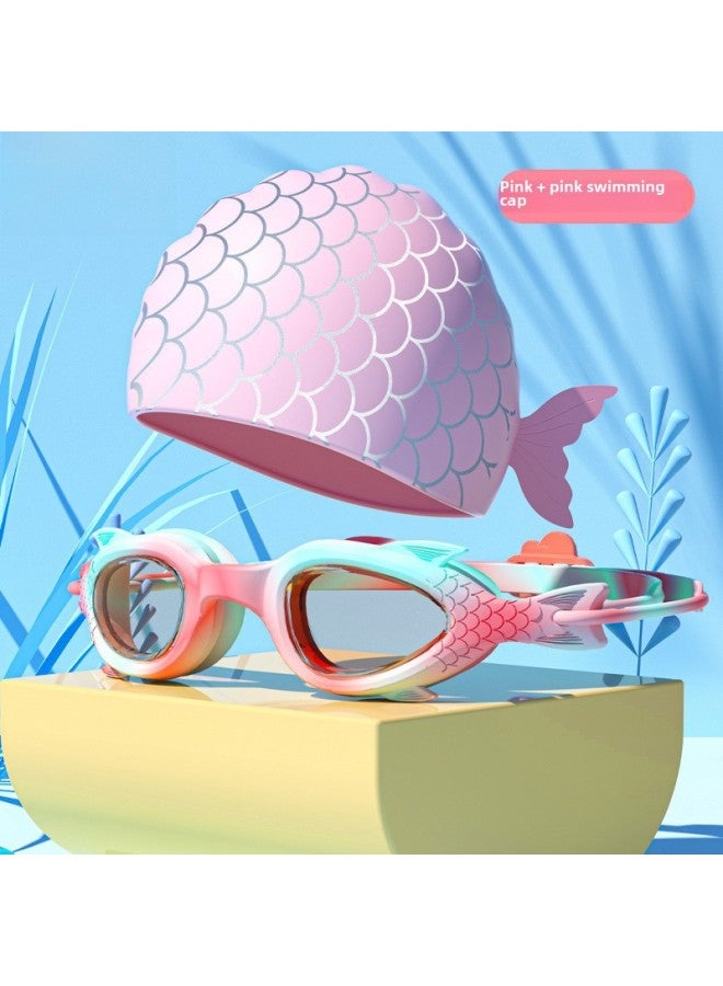 Generic Children's Swimming Goggles Anti-fog Boys And Girls Small Frame Goggles Swimming Training Diving Fish-shaped High-definition Waterproof Professional Equipment-Color:pink Fish-shaped Cartoon Pink Silicone Cap - Image 1