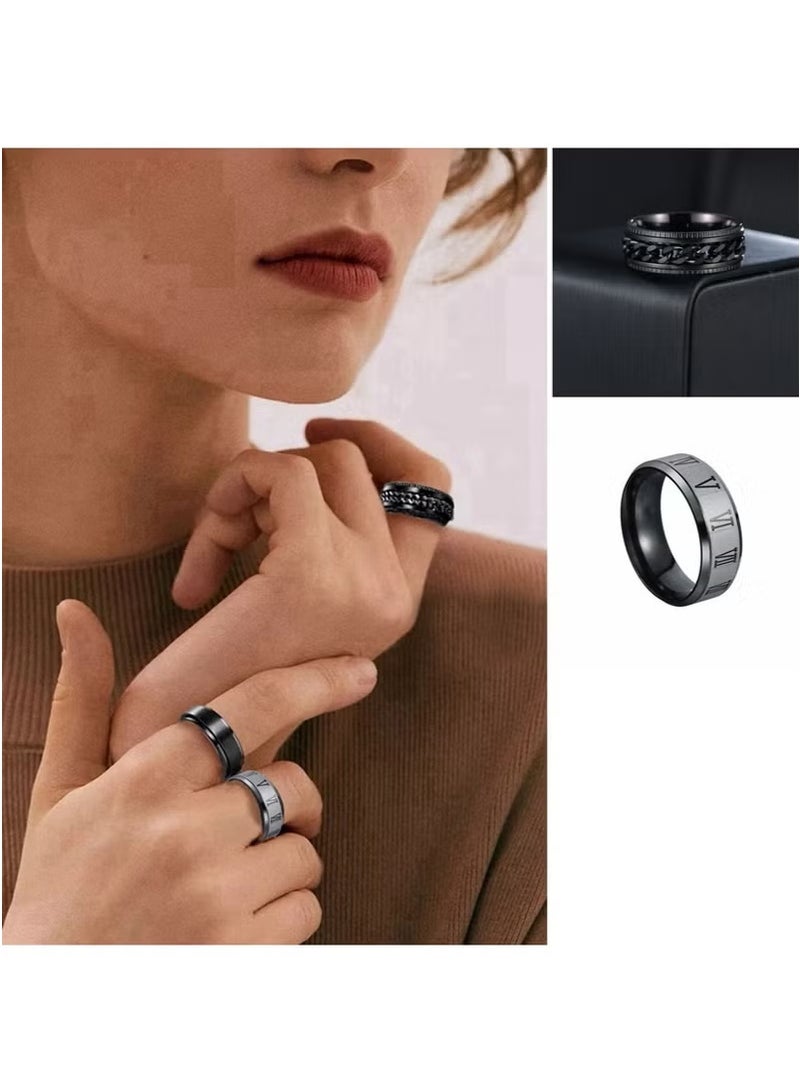 Generic Retro Rings, 4Pcs Plain Band Rings for Men Stainless Steel Rings for Men Wedding Ring Cool Spinner Rings for Men Black Stainless Steel Ring Set Anxiety Ring 8MM Width  - Image 2