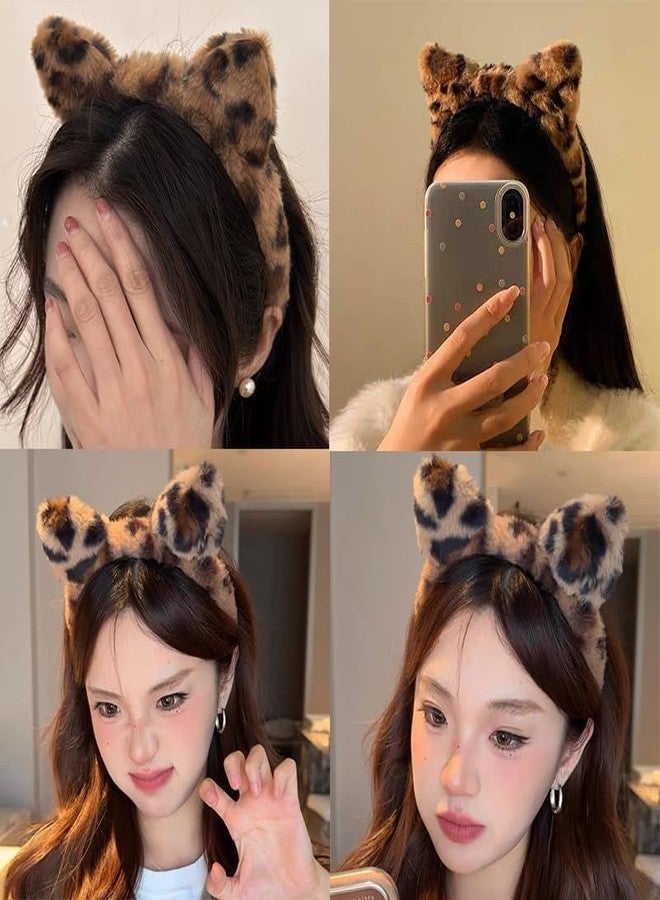 yaozeio Leopard Cat Ears Headband Hair Band Leopard Ears Hair Accessories Hoop Cat Plush Head Band for Washing Face Brown Soft Ear Hairband Animal Headbands Cats Costume Accessories for Women - Image 2