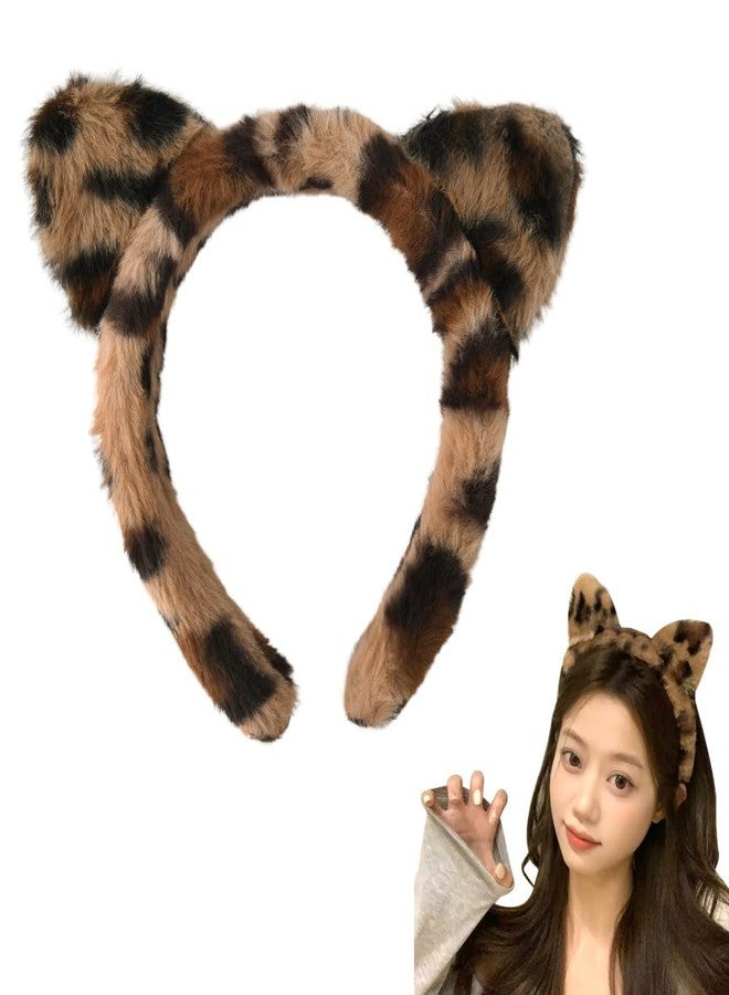 yaozeio Leopard Cat Ears Headband Hair Band Leopard Ears Hair Accessories Hoop Cat Plush Head Band for Washing Face Brown Soft Ear Hairband Animal Headbands Cats Costume Accessories for Women - Image 1