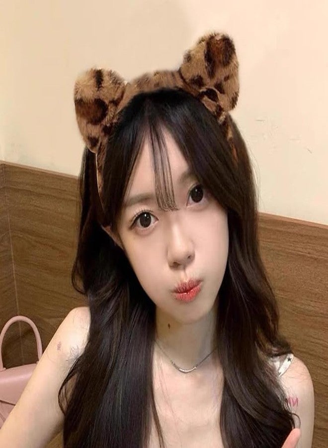 yaozeio Leopard Cat Ears Headband Hair Band Leopard Ears Hair Accessories Hoop Cat Plush Head Band for Washing Face Brown Soft Ear Hairband Animal Headbands Cats Costume Accessories for Women - Image 3