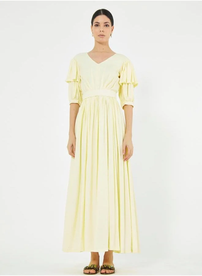 هاوس اوف مودا Tiered Puff Sleeves Pleated Waist A-Line Maxi Dress by Styli