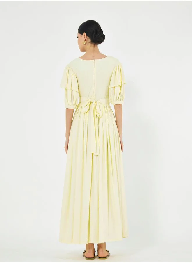 House of Moda Tiered Puff Sleeves Pleated Waist A-Line Maxi Dress