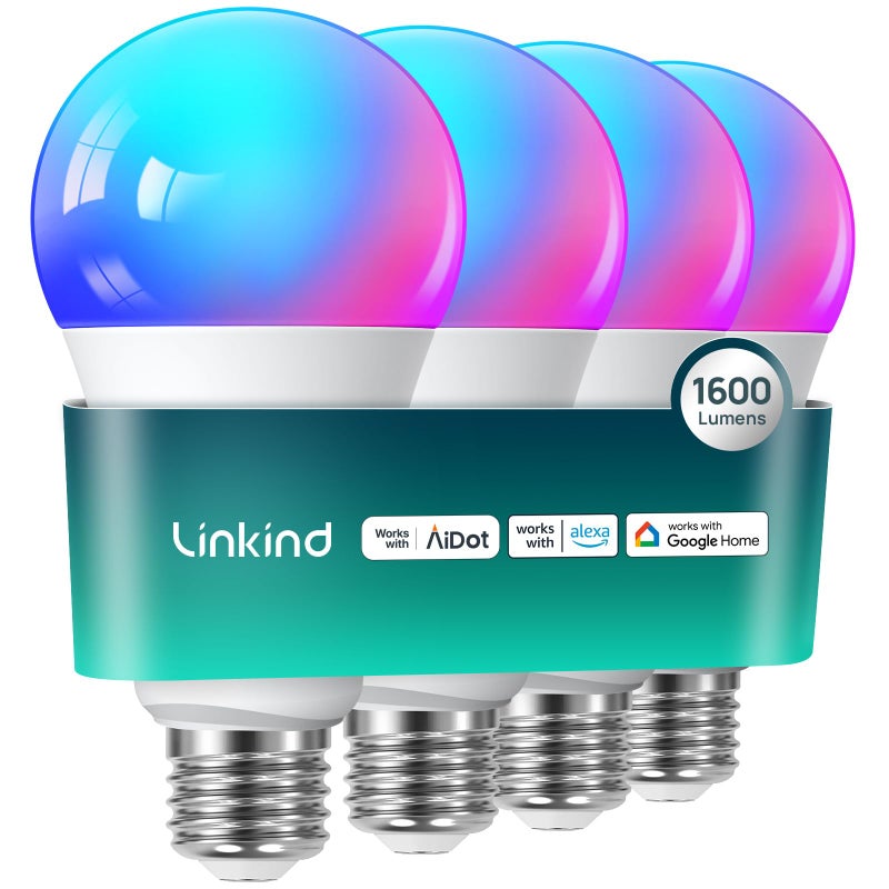 Linkind Smart Light Bulbs, 1600LM (100W Equivalent) Smart Bulb, Work with Alexa & Google Home, RGBTW Color Changing Bulb Music Sync, 2.4GHz Wi-Fi & Bluetooth, LED Alexa Light Bulbs 14W, A21 E26, 4Pack - Image 1