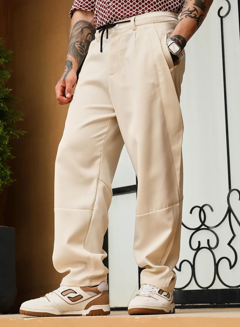 Campus Sutra Campus Sutra Men's Cream White Twill-Panelled Chino Trousers | Mid-Rise , Straight Hem , Button Closure , Relaxed-Fit | Solid Twill | Polyester Trouser For Casual Wear