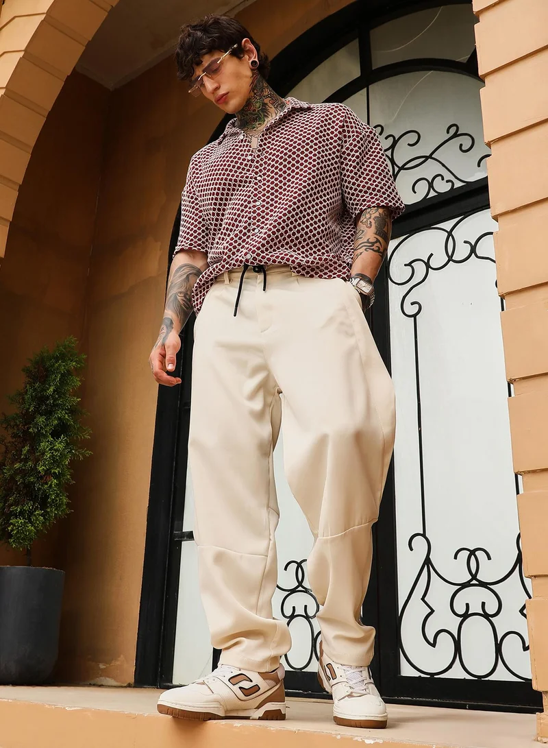 Campus Sutra Campus Sutra Men's Cream White Twill-Panelled Chino Trousers | Mid-Rise , Straight Hem , Button Closure , Relaxed-Fit | Solid Twill | Polyester Trouser For Casual Wear