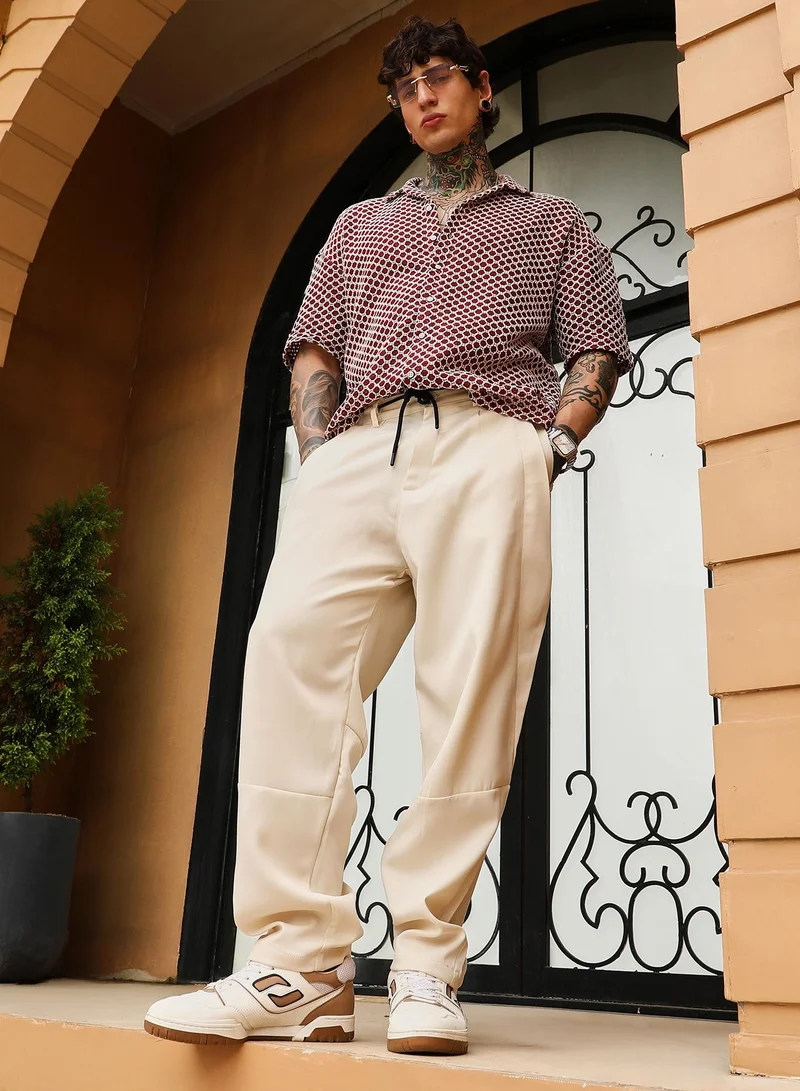 Campus Sutra Campus Sutra Men's Cream White Twill-Panelled Chino Trousers | Mid-Rise , Straight Hem , Button Closure , Relaxed-Fit | Solid Twill | Polyester Trouser For Casual Wear