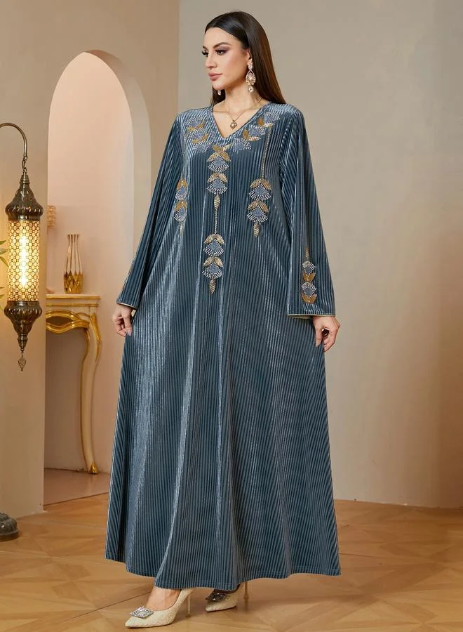 Take Two Grey Velvet Embroidered Maxi Jalabiya Dress