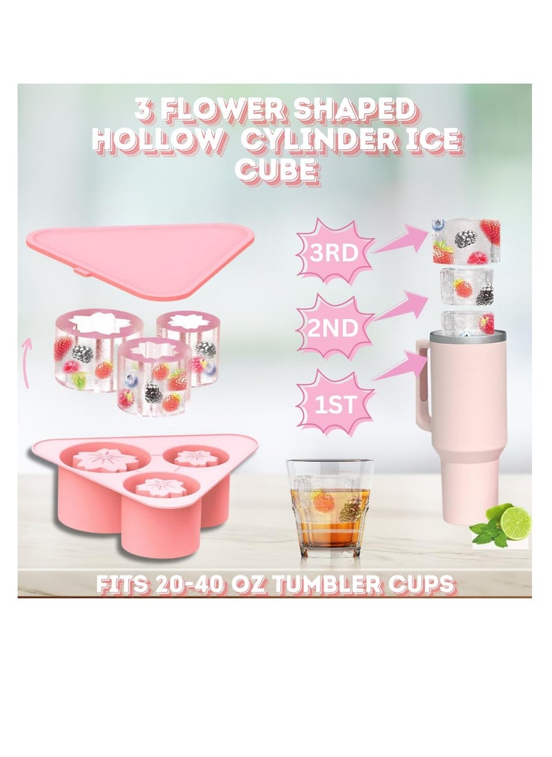 Excefore - Ice Cube Tray for Stanley Cups, 3 Pack Flower Silicone Ice Mold with Lid for 20 oz 30 oz 40 oz Stanley Cup, Easy Release, BPA Free, Slow Melting Ice Mold for Whiskey, Cocktail,Coffee, Drink, Pink - Image 1