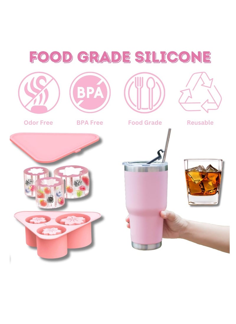 Excefore - Ice Cube Tray for Stanley Cups, 3 Pack Flower Silicone Ice Mold with Lid for 20 oz 30 oz 40 oz Stanley Cup, Easy Release, BPA Free, Slow Melting Ice Mold for Whiskey, Cocktail,Coffee, Drink, Pink - Image 1