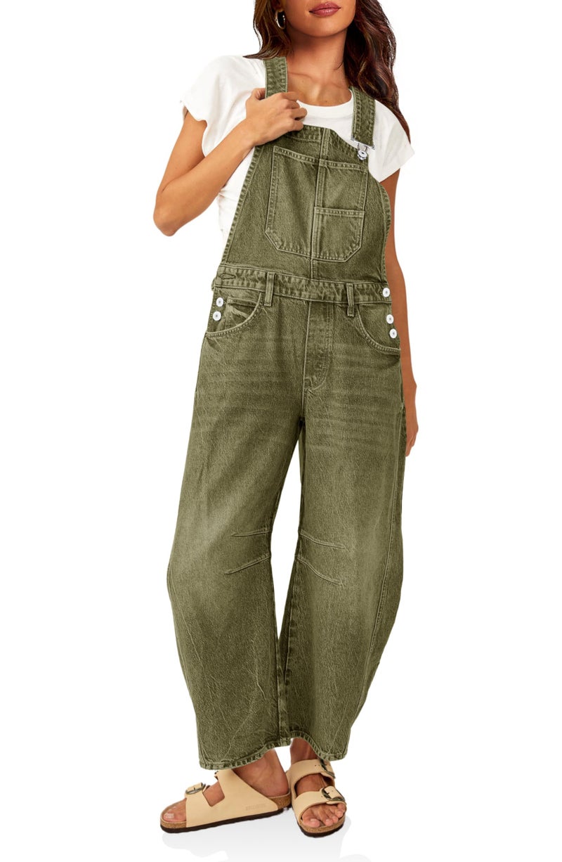 PLNOTME Womens Denim Bib Overalls Barrel Leg Adjustable Strap Jean Pants Jumpsuits with Pockets - Image 1
