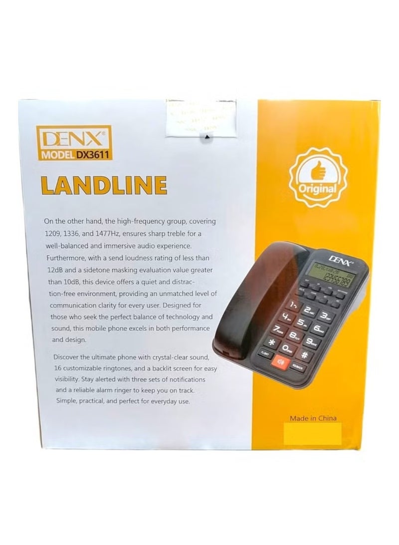 Denx Landline Phone – Model DX3611 | Backlit Display, 16 Ringtones, 3 Alarm Settings, User-Friendly Design with Large Buttons for Easy Operation - Image 1