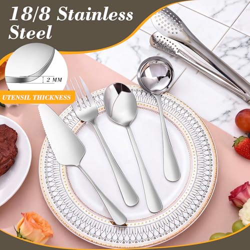 Dualshine 10PCS 18/8 Stainless Steel Serving Utensils Set for Parties, Kitchen Serving Tools-Include Serving Spoons, Slotted Spoons, Serving Forks Tongs Soup Ladle, Cake Pie Server for Buffet, Wedding - Image 2
