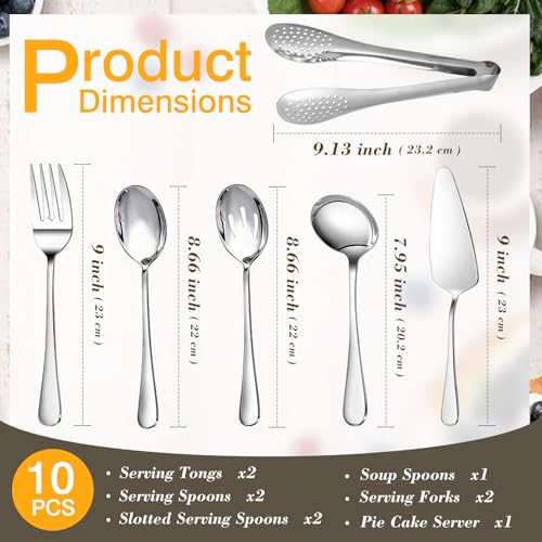 Dualshine 10PCS 18/8 Stainless Steel Serving Utensils Set for Parties, Kitchen Serving Tools-Include Serving Spoons, Slotted Spoons, Serving Forks Tongs Soup Ladle, Cake Pie Server for Buffet, Wedding - Image 5