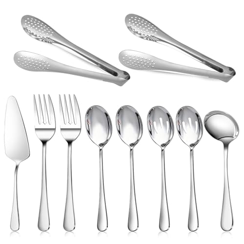 Dualshine 10PCS 18/8 Stainless Steel Serving Utensils Set for Parties, Kitchen Serving Tools-Include Serving Spoons, Slotted Spoons, Serving Forks Tongs Soup Ladle, Cake Pie Server for Buffet, Wedding - Image 1