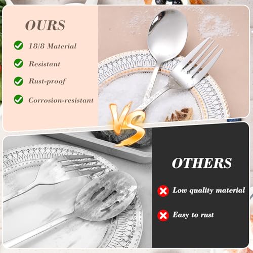 Dualshine 10PCS 18/8 Stainless Steel Serving Utensils Set for Parties, Kitchen Serving Tools-Include Serving Spoons, Slotted Spoons, Serving Forks Tongs Soup Ladle, Cake Pie Server for Buffet, Wedding - Image 3