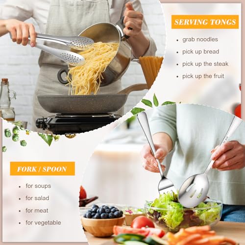 Dualshine 10PCS 18/8 Stainless Steel Serving Utensils Set for Parties, Kitchen Serving Tools-Include Serving Spoons, Slotted Spoons, Serving Forks Tongs Soup Ladle, Cake Pie Server for Buffet, Wedding - Image 4