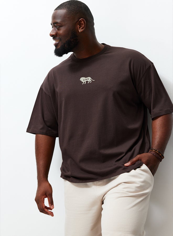 trendyol Dark Brown Oversize Animal Printed Embroidered Cotton TShirt - Image 1