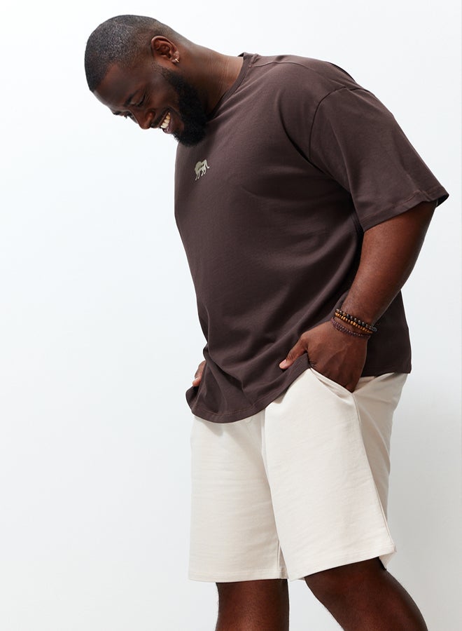 trendyol Dark Brown Oversize Animal Printed Embroidered Cotton TShirt - Image 3