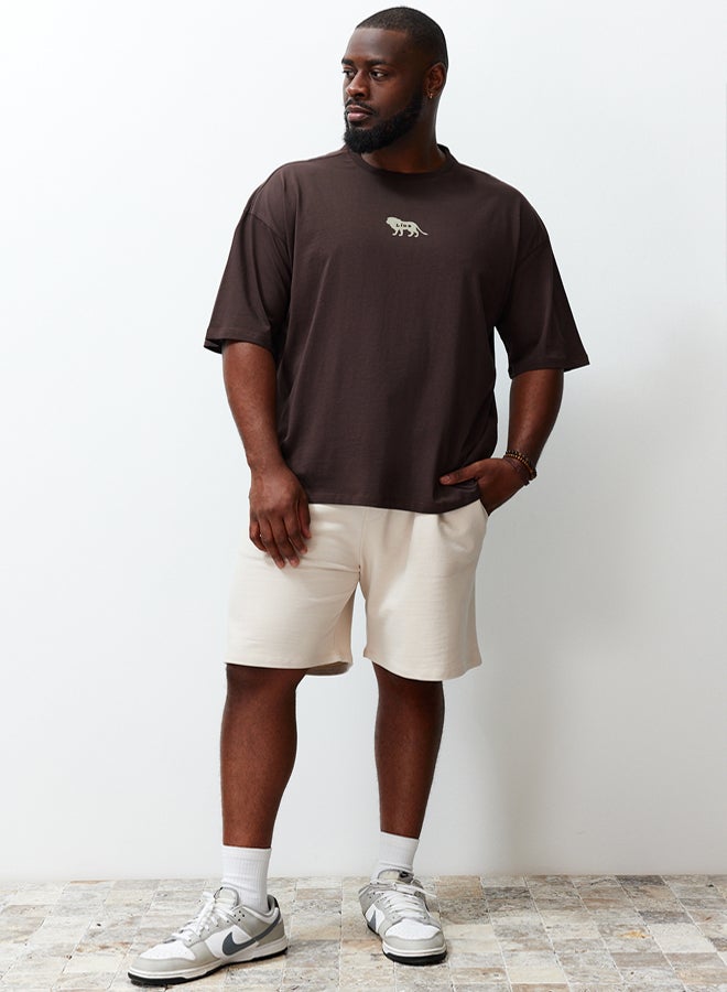 trendyol Dark Brown Oversize Animal Printed Embroidered Cotton TShirt - Image 2