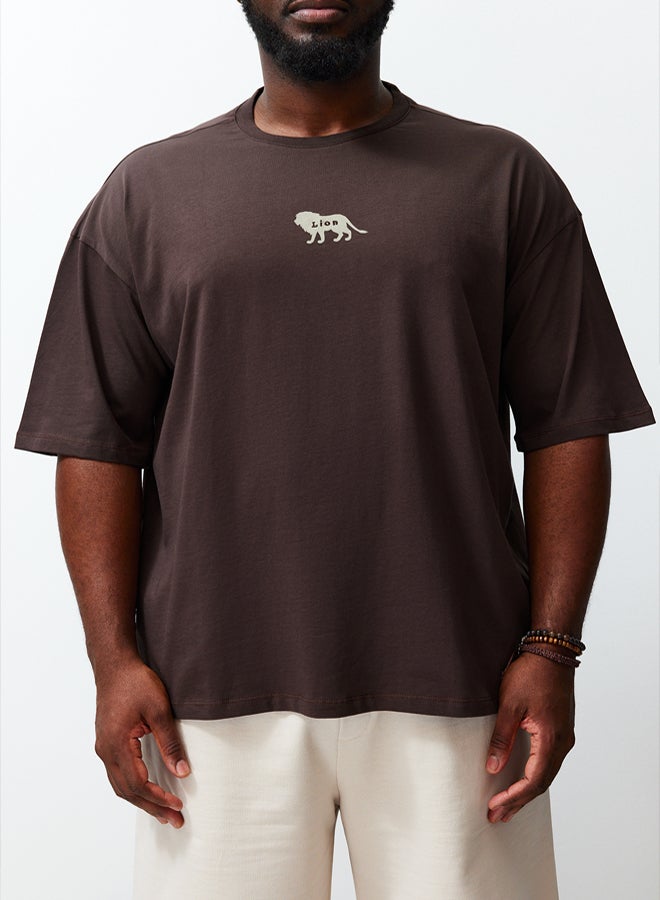 trendyol Dark Brown Oversize Animal Printed Embroidered Cotton TShirt - Image 4