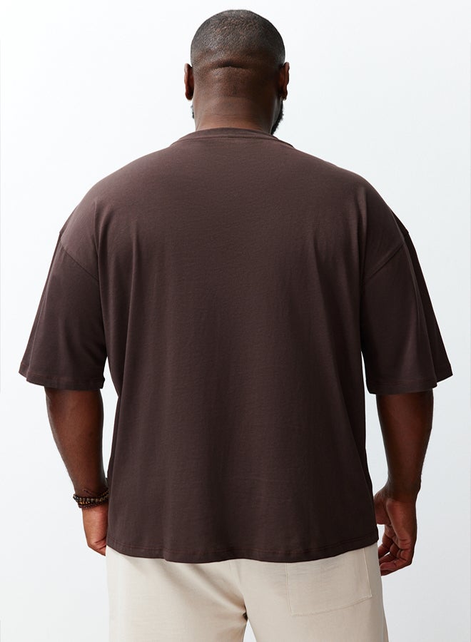 trendyol Dark Brown Oversize Animal Printed Embroidered Cotton TShirt - Image 5
