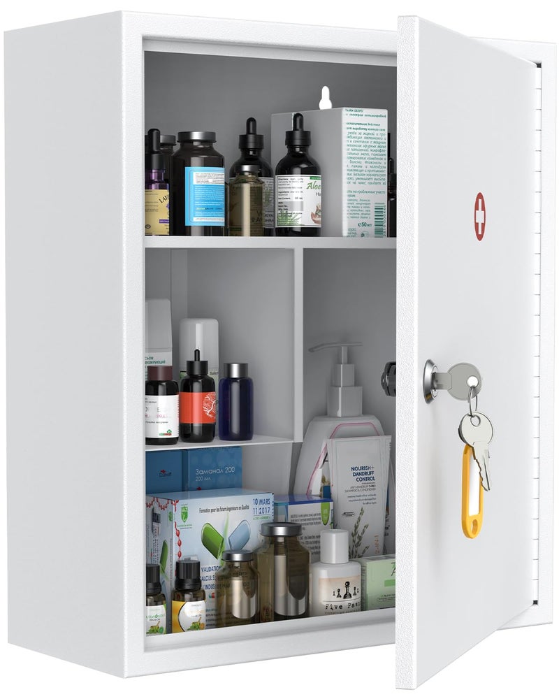 Uniclife Wall Mount Medicine Cabinet with Key Lock Locking First Aid Cabinet Lockable Medical Cabinet Large Capacity Medicine Organizer Secure Steel Wall Cabinet Metal Storage Box White