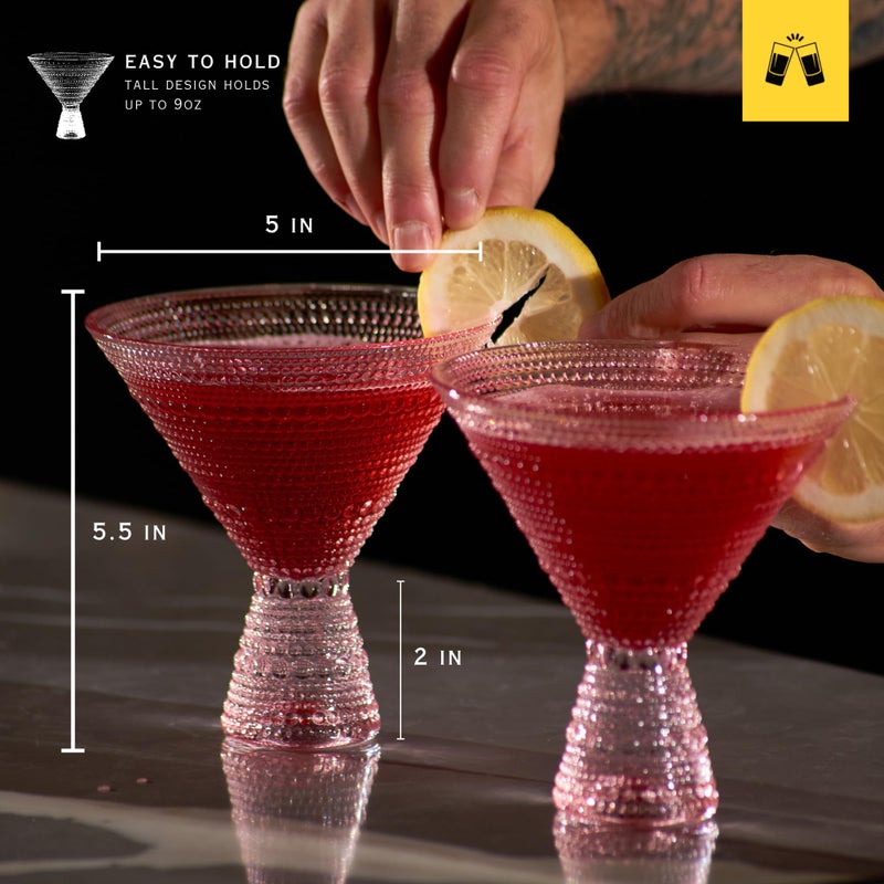 LEMONSODA Hobnail Pink/Clear Martini Glasses Vintage Cocktail Glasses (9oz) for Martini, Cocktail, Margarita, Cosmopolitan, Manhattan (Pink, Set of 2) - Image 3